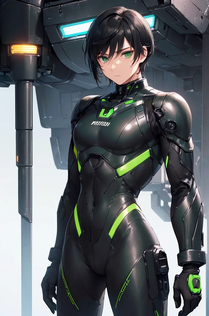 (masterpiece; best quality: 1.2), (finely detailed eyes: 1.3), ((25 year old man)), ((solo)), (green eyes: 1.4), (body; lean, fit, masculine: 1.3), (short black hair: 1.3), (beautiful and clear background: 1.2), ((depth of field)), (equipment: black mech pilot bodysuit + black gloves + futuristic pistol: 1.3), (anime illustration: 1.2), (background composition; white mech hangar: 1.1), (extremely fine and handsome: 1.1), (shot composition; standing + centered on torso + close-up: 1.5), (expression; calm, stoic: 1.2)