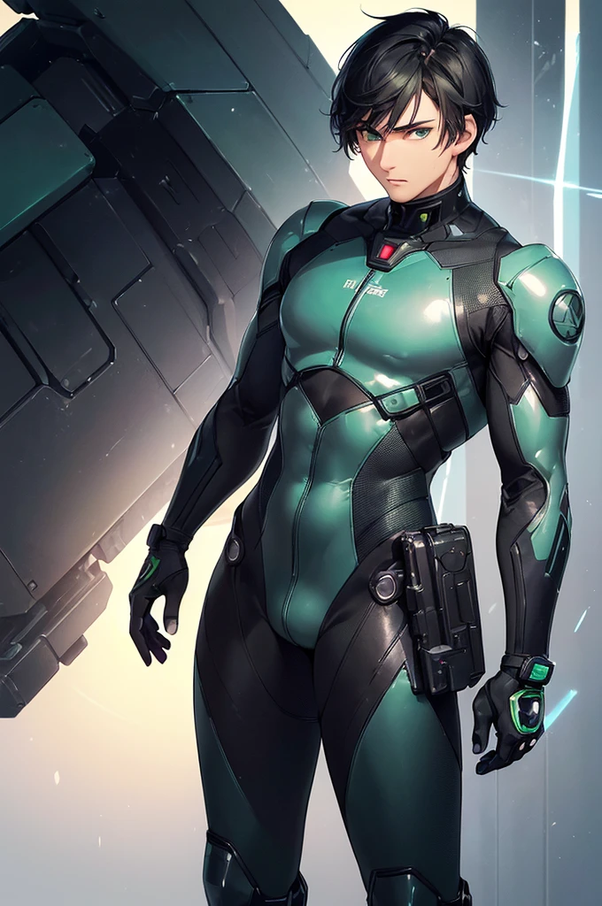 (masterpiece; best quality: 1.2), (finely detailed eyes: 1.3), ((25 year old man)), ((solo)), (green eyes: 1.4), (body; lean, fit, masculine: 1.3), (short black hair: 1.3), (beautiful and clear background: 1.2), ((depth of field)), (equipment: black mech pilot bodysuit + black gloves + futuristic pistol: 1.3), (anime illustration: 1.2), (background composition; white mech hangar: 1.1), (extremely fine and handsome: 1.1), (shot composition; standing + centered on torso + close-up: 1.5), (expression; calm, stoic: 1.2)
