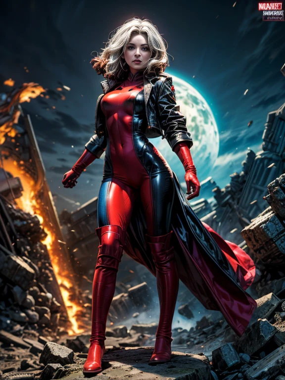 Emily VanCamp、masterpiece、High quality 4K、villain (X-Men)、Gothic Girl、Sculpted Body Gothic Makeup、Black jacket、Red and blue bodysuit、masterpiece、Highest quality、Cowboy Shots、One personの女の子、One person、Technology Military Bodysuit、fringe