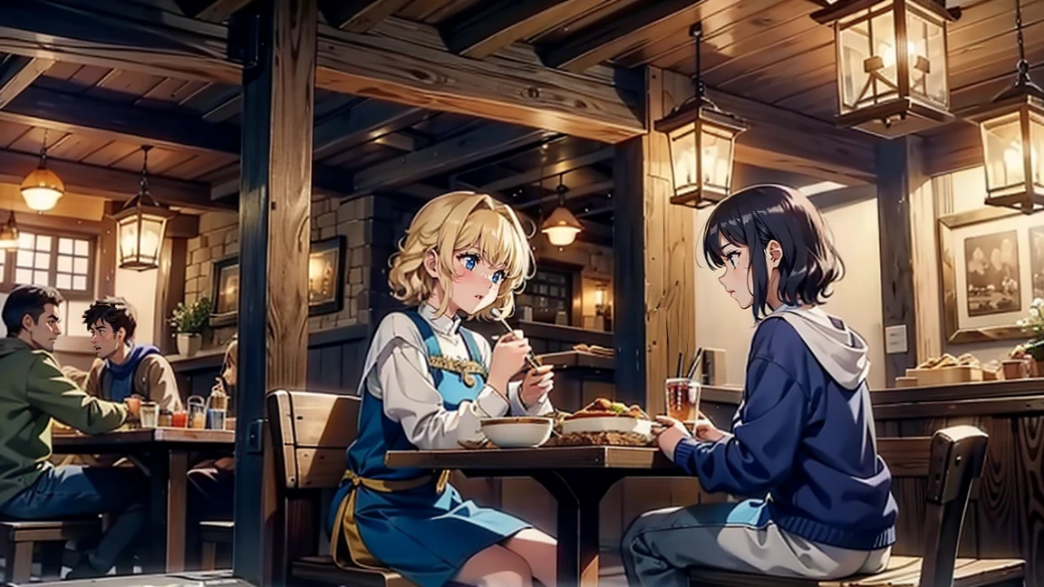 A bustling eatery in a medieval fantasy city, known as 'Luna's Diner', filled with the aroma of fresh food. The restaurant has wooden tables, benches, and a warm, inviting atmosphere. The walls are adorned with colorful tapestries and lanterns casting a soft glow. A female traveler sits at a table, enjoying a hearty meal. She has short, curly hair, fair skin, and wears simple traveler's clothes.