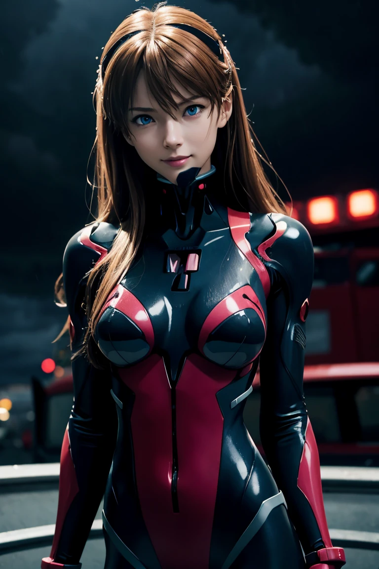 Evangelion,Asuka Langley,blue eyes,Plug Suit,Bodysuits,Interface Headset,赤いBodysuits,Ultra HD,super high quality,masterpiece,Digital SLR,Photorealistic,Detailed details,Vivid details,Depicted in detail,A detailed face,Detailed details,Super Detail,Realistic skin texture,Anatomical basis,Perfect Anatomy,Anatomically correct hand,Anatomically correct fingers,Complex 3D rendering,Sexy pose,Rainy Sky,Beautiful scenery,Fantastic rainy sky,Picturesque,Pink Lips,smile,