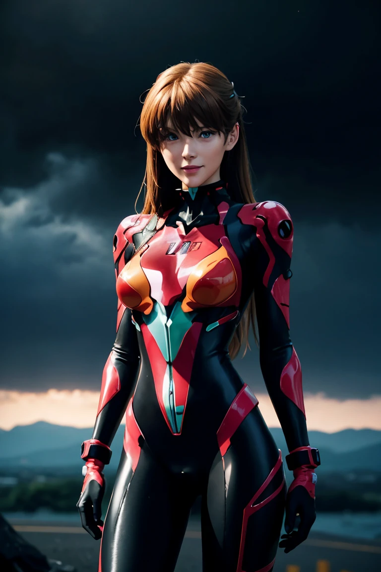 Evangelion,Asuka Langley,blue eyes,Plug Suit,Bodysuits,Interface Headset,赤いBodysuits,Ultra HD,super high quality,masterpiece,Digital SLR,Photorealistic,Detailed details,Vivid details,Depicted in detail,A detailed face,Detailed details,Super Detail,Realistic skin texture,Anatomical basis,Perfect Anatomy,Anatomically correct hand,Anatomically correct fingers,Complex 3D rendering,Sexy pose,Rainy Sky,Beautiful scenery,Fantastic rainy sky,Picturesque,Pink Lips,smile,