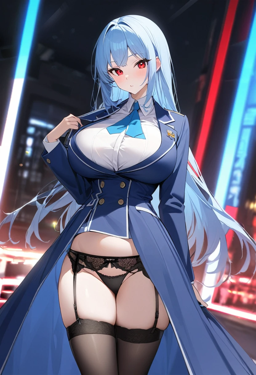 My name is Yukiko.I am a white test woman with long light blue  hair,red eye color.I am 1.62 cm tall . My breasts measure 200 cm, my waist 40 cm and my hips 200 cm. Dressed in a long blue jacket and a garter belt along with a black thong .  With big breasts 200 cm