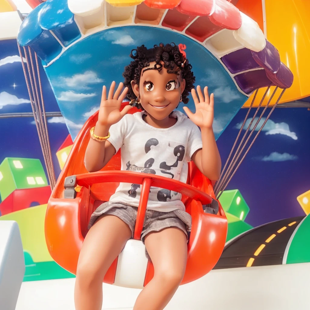 a black smiling and waving, dark skin and curly hair on a colorful ferris wheel