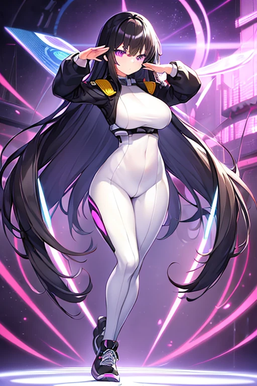 1girl, black hair, long hair, serious, salute, purple eyes, white bodysuit, bodysuit, large breasts, breasts, futuristic, tech, science-fiction, machinery, long sleeves, full body, ((full body)), standing, sneakers, ((standing))