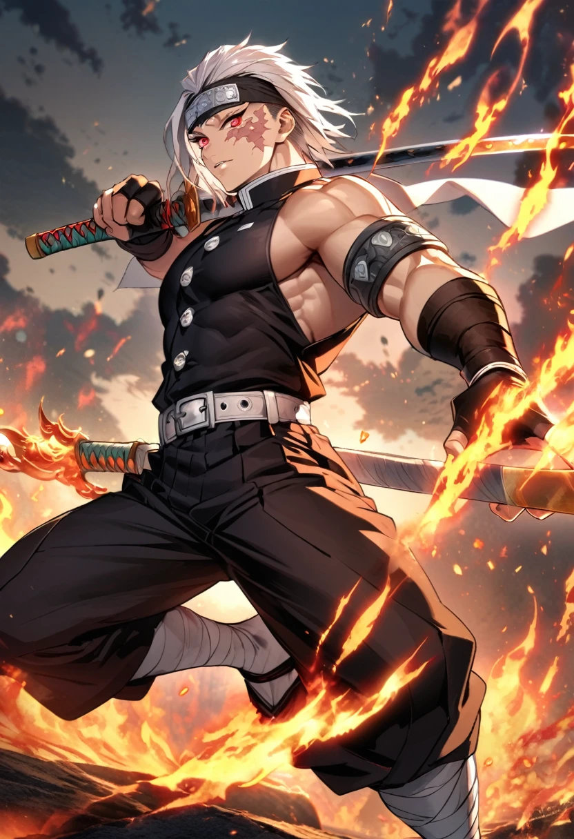 Ultra detailed, Highres, absurdres, HDR, uzui tengen,armband, bandages, over shoulder, red eyes, black pants, tabi, white hair, bare shoulders, armlet, sleeveless, facial mark, gloves, scar, fingerless gloves, belt, headband, ,flames around him, holding double swords, Kimetsu No Yaiba, black demon uniform, handsome, 1 muscular man,