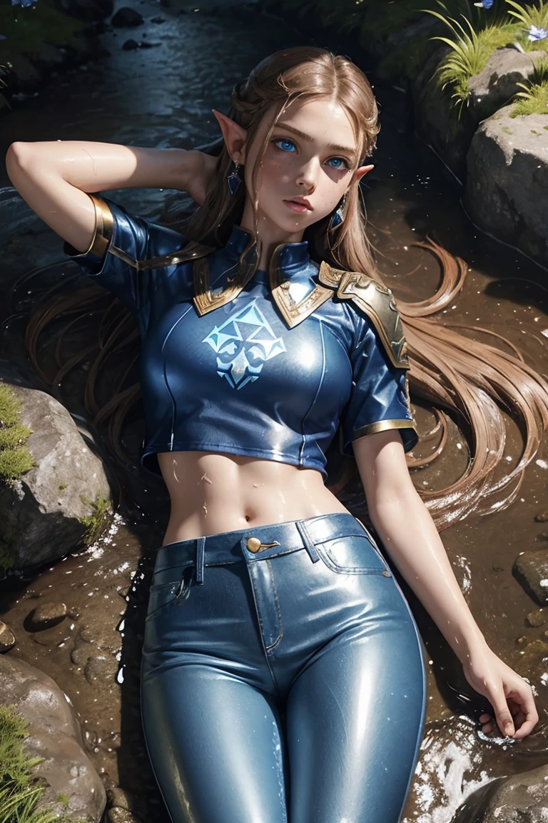 masterpiece. 4k. highly detailed epic fantasy oil painting of beautiful 12 years old Princess Zelda. sparkly blue eyes, freckles. detailed stylish suit,
shiny reflective leather jeans for the summer. crop top shirt. athletic. Hyrule motif. lying on creek. sweating. rain. river. wet.
from above, eagle eye shot, far shot. wildflowers.