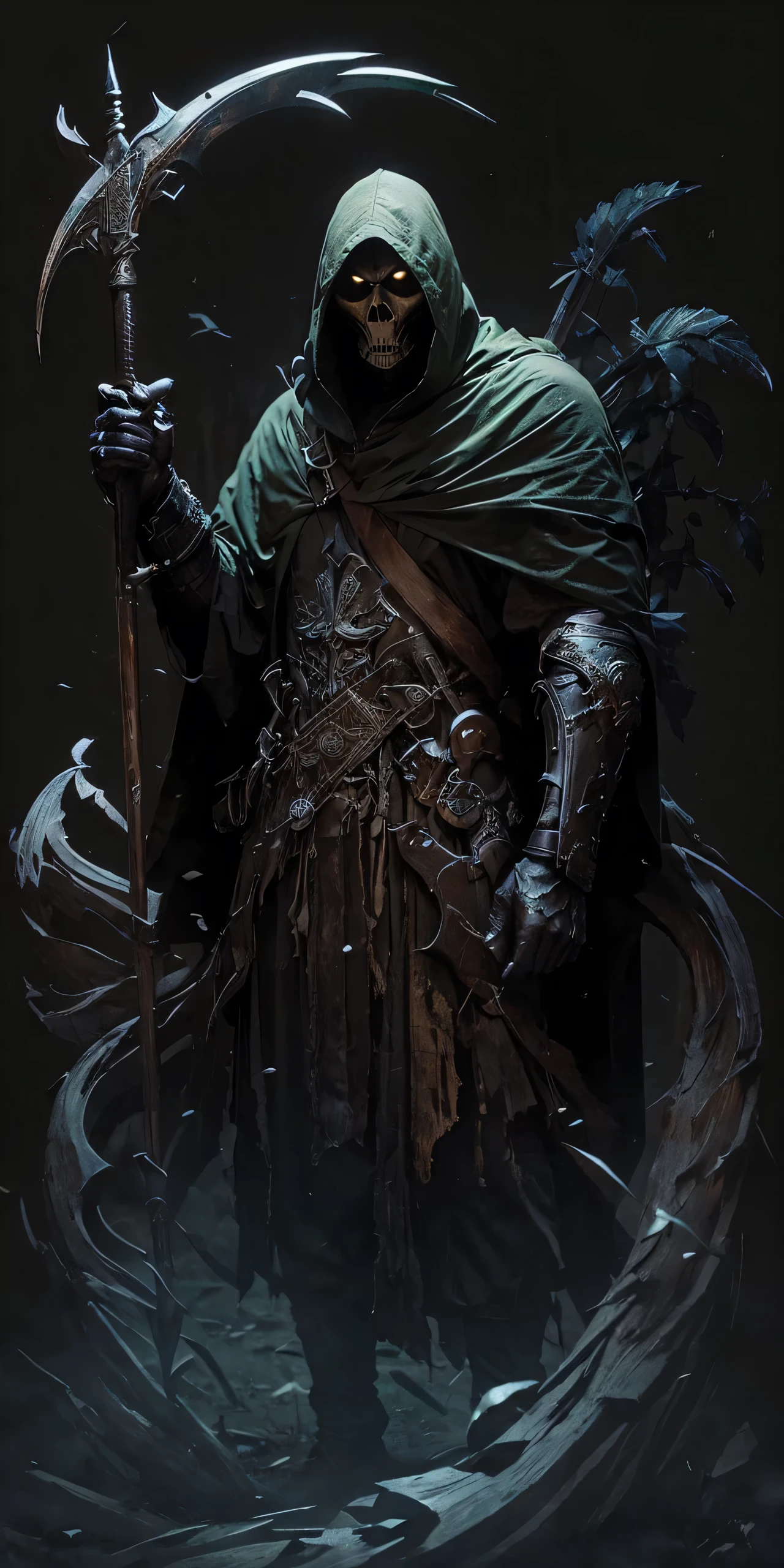 Reaper, holding sickle, green coat, wooden horns[ background(forest)]