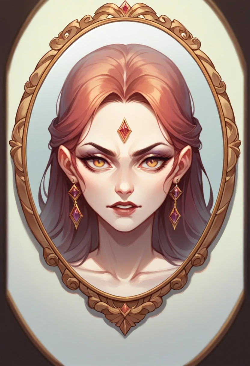 A mirror with a beautiful frame, shining like gold and in its reflection a woman with vengeful expressions.