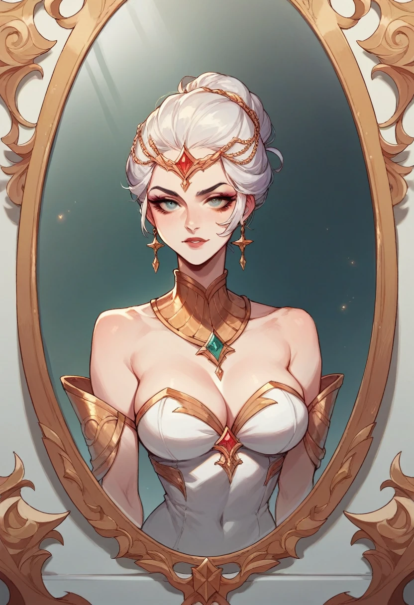 A mirror with a beautiful frame, shining like gold and in its reflection a woman with vengeful expressions. 