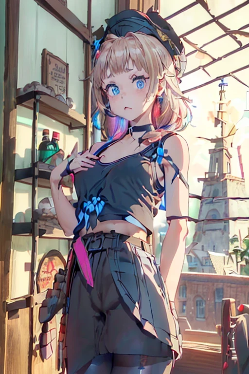 (perky chest:1.2), (pointed chest:1.2),(((Black Tunic:1.3))),(((cakes and bread in the basket),Cute and beautiful girl,masterpiece、highest quality、Very detailed、Beautiful fine details、One Girl、Detailed landscape、Training gym Room Background:1.4、Braided Ponytail、Red camisole、((B cup breasts, Tank top showing underboob:1.3)), black jacket, thigh strap, bangs, necktie, earrings, nail polish, fishnet pantyhose, multicolored hair, looking at viewer, full body, bottle, own hands together, belt, food, animal on head, black necktie, ring, choker, english text paper:1.2, collared shirt, blue eyes, platform boots, hat,lace-up boots ,