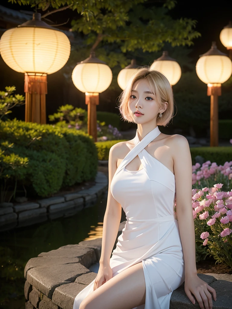 In manhwa art style, a young Korean woman 28s. Her hair is short at shoulder in a blonde pink colors. Her face is slightly shorter than it is long, which carry a warm , expressive face. Her skin is radiant and clear, and her curved lips. Large blue eyes are expressive and captivating. Her natural body and defined made up of proportional curves. She is wearing a white dress while the light of the lanterns in the botan garden at night illuminates the flowers