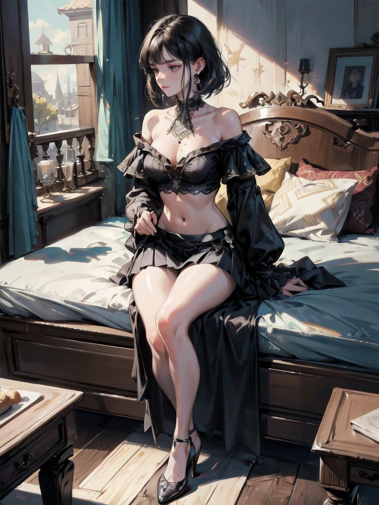 absurdres, RAW photo, extremely delicate and beautiful, masterpiece, Best Quality, ultra high resolution, 32k, hyperrealistic, ultra-detailed, delicate facial features, beautiful detailed woman, tearful mole, earring, medium breasts, full body shot, medium hair, black hair, Legendary Pirate, blouse, short skirt, off shoulder, Eroded Coastline,