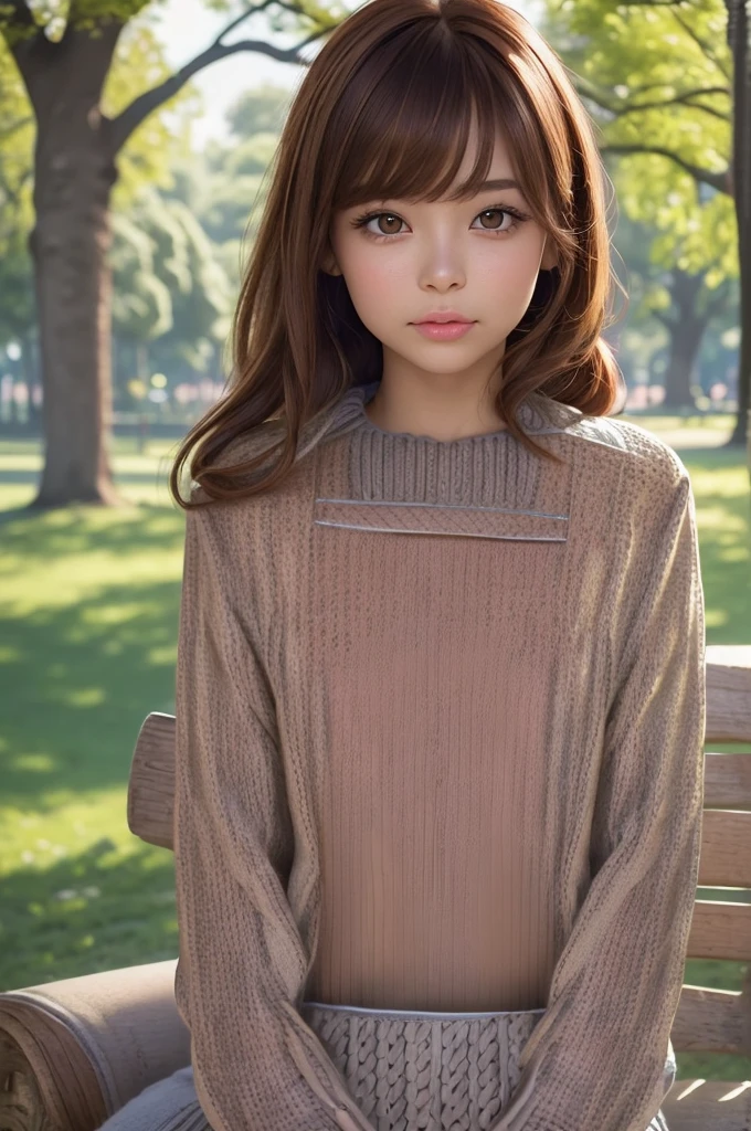 pureerosface_v1:0.3, best qualityer, photorrealistic, 8K, high resolution, full color, 1 girl, Woman, 20 years old Woman, (cloused mouth:1.43), (cutaneous dentition), (portraite:0.6), trees, park bench, Day Light, ((park background:1.52)), full color, ((sweater:1.68)), gazing at viewer:1.8, (1 girl eyes gazing at viewer:1.55), (Medium length hair, chestnut hair, partedbangs:1.45), (bokeh),