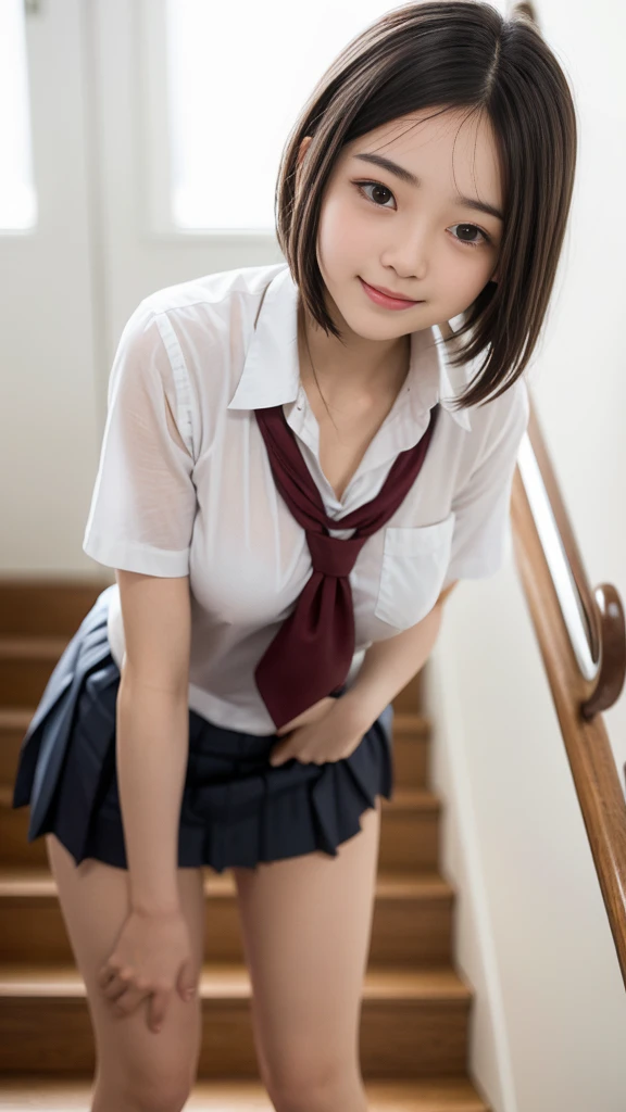 Tabletop, Highest quality, Japanese girl, , One Girl, 8K, RAW Photos, (Highly detailed skins:1.2), Ultra-high resolution, (Lens: 50mm), Exquisitely drawn eyes, View your viewers, Beautiful Face, (Medium sized breasts:1.4)，(Big round eyes:1.4), (A shy and cute smile:1.3), 16 years t hair, (short hair), Iris, White and beautiful skin,Small Mouth, high cheekbones, (meaning), Sexy pose,(Leaning forward:1.3), (White panties:1.4), Nogizaka idol, Gravure idol pose, Cowboy Shot, Beautiful Japanese Girl, 16 years old, Very beale Idols, ((Standing on the stairs:1.1)), (school uniform:1.4), (Skirt flip:1.6),  Shallow depth of field, (Detailed eyes and face:1.3, Professional photography techniques), (Detailed hands and legs:1.2), View the viewer