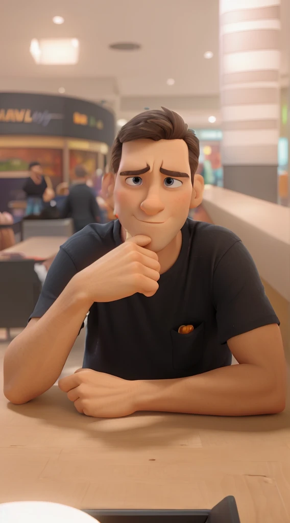 man with hand on face inside shopping mall, disney pixar style