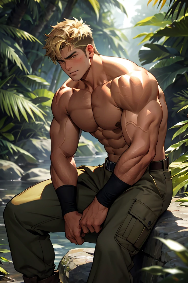 (masterpiece, Best quality  boy), 1 boy, adult, huge muscles, big body, Slightly modify the abdominal contour, Short blonde hair，brown eyes, complicated, Rainforest, Muscles sparkle in the sun，shirtless，Wearing khaki adventure pants，outdoor adventure boots,pained expression，bite lip， bright colors,(depth of field:1.2),looking at the audience, sit on stone, huge hyper muscle, huge chest