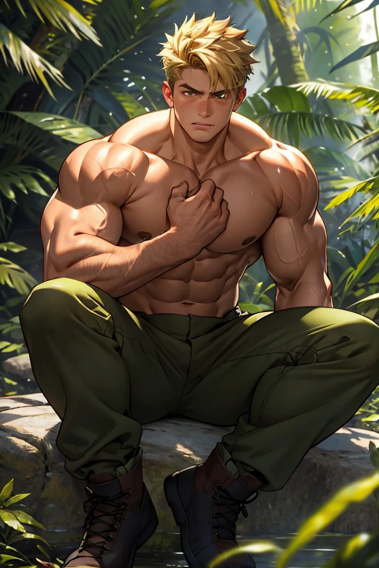 (masterpiece, Best quality 12 year old boy), 1 boy, adult, huge muscles, big body, Slightly modify the abdominal contour, Short blonde hair，brown eyes, complicated, Rainforest, Muscles sparkle in the sun，shirtless，Wearing khaki adventure pants，outdoor adventure boots,pained expression，bite lip， bright colors,(depth of field:1.2),looking at the audience, sit on stone, huge hyper muscle, huge chest