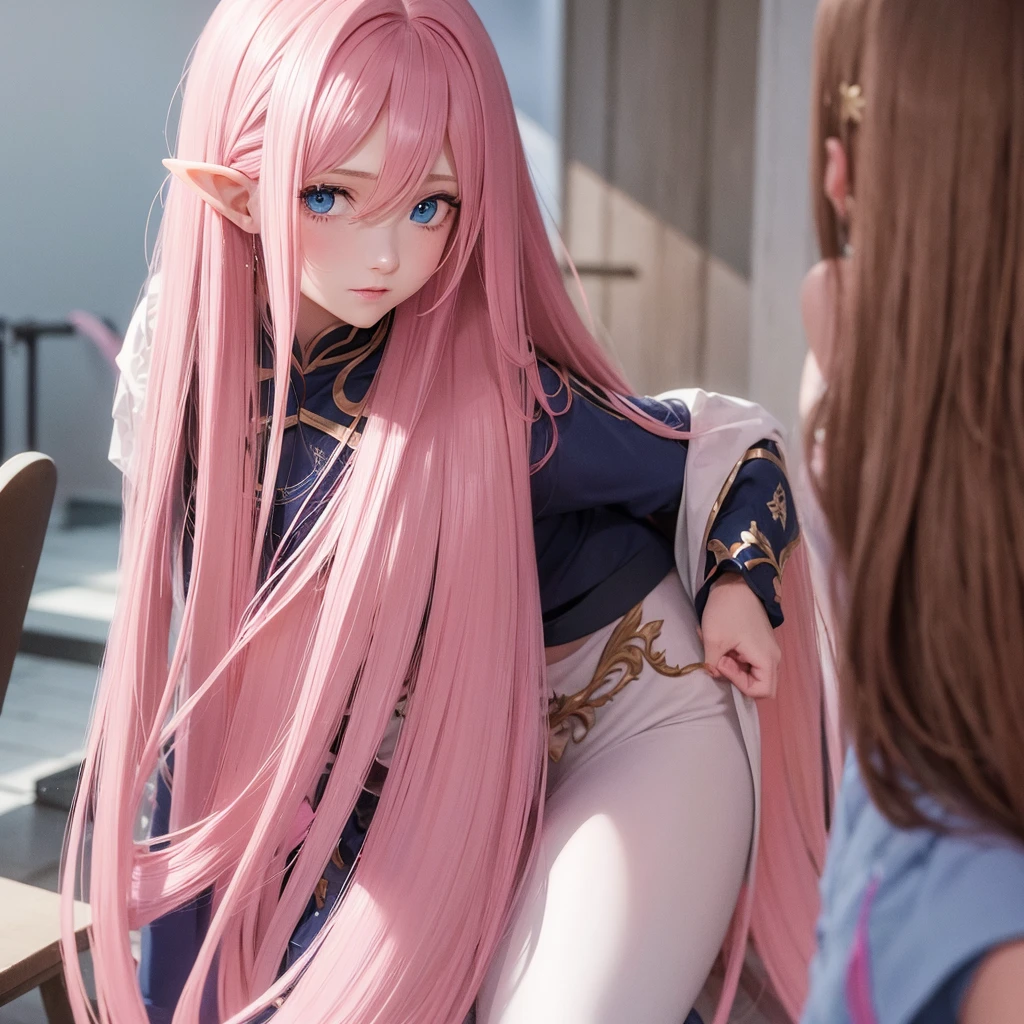 Woman, long wavy hair, pink hair, blue eyes, elf 