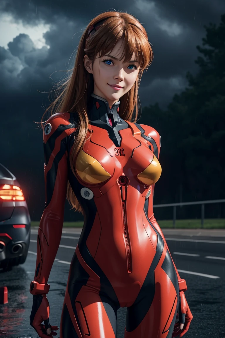Evangelion,Asuka Langley,blue eyes,Plug Suit,Bodysuits,Interface Headset,赤いBodysuits,Ultra HD,super high quality,masterpiece,Digital SLR,Photorealistic,Detailed details,Vivid details,Depicted in detail,A detailed face,Detailed details,Super Detail,Realistic skin texture,Anatomical basis,Perfect Anatomy,Anatomically correct hand,Anatomically correct fingers,Complex 3D rendering,Sexy pose,Rainy Sky,Beautiful scenery,Fantastic rainy sky,Picturesque,Pink Lips,smile,