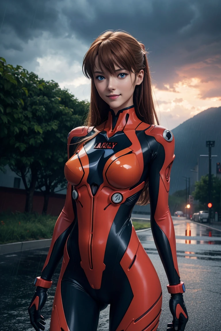 Evangelion,Asuka Langley,blue eyes,Plug Suit,Bodysuits,Interface Headset,赤いBodysuits,Ultra HD,super high quality,masterpiece,Digital SLR,Photorealistic,Detailed details,Vivid details,Depicted in detail,A detailed face,Detailed details,Super Detail,Realistic skin texture,Anatomical basis,Perfect Anatomy,Anatomically correct hand,Anatomically correct fingers,Complex 3D rendering,Sexy pose,Rainy Sky,Beautiful scenery,Fantastic rainy sky,Picturesque,Pink Lips,smile,