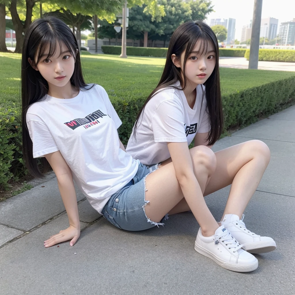 Full-body uhd definition of a cute Japanese girl 24 years old, long straight black hair, wearing a white small strap T-shirt, wearing jeans shorts, white sneakers, sitting with alternating legs The backdrop is a park.