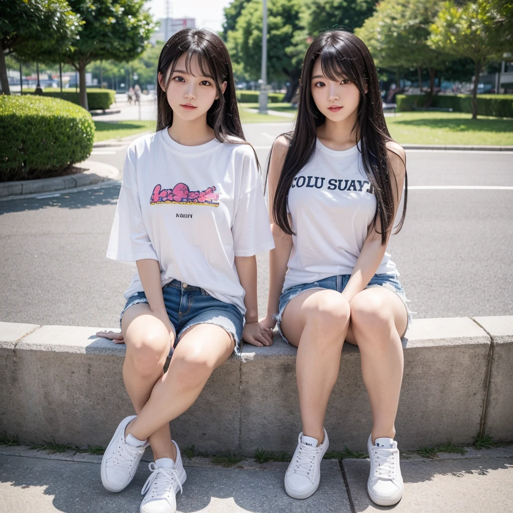 Full-body uhd definition of a cute Japanese girl 24 years old, long straight black hair, wearing a white small strap T-shirt, wearing jeans shorts, white sneakers, sitting with alternating legs The backdrop is a park.