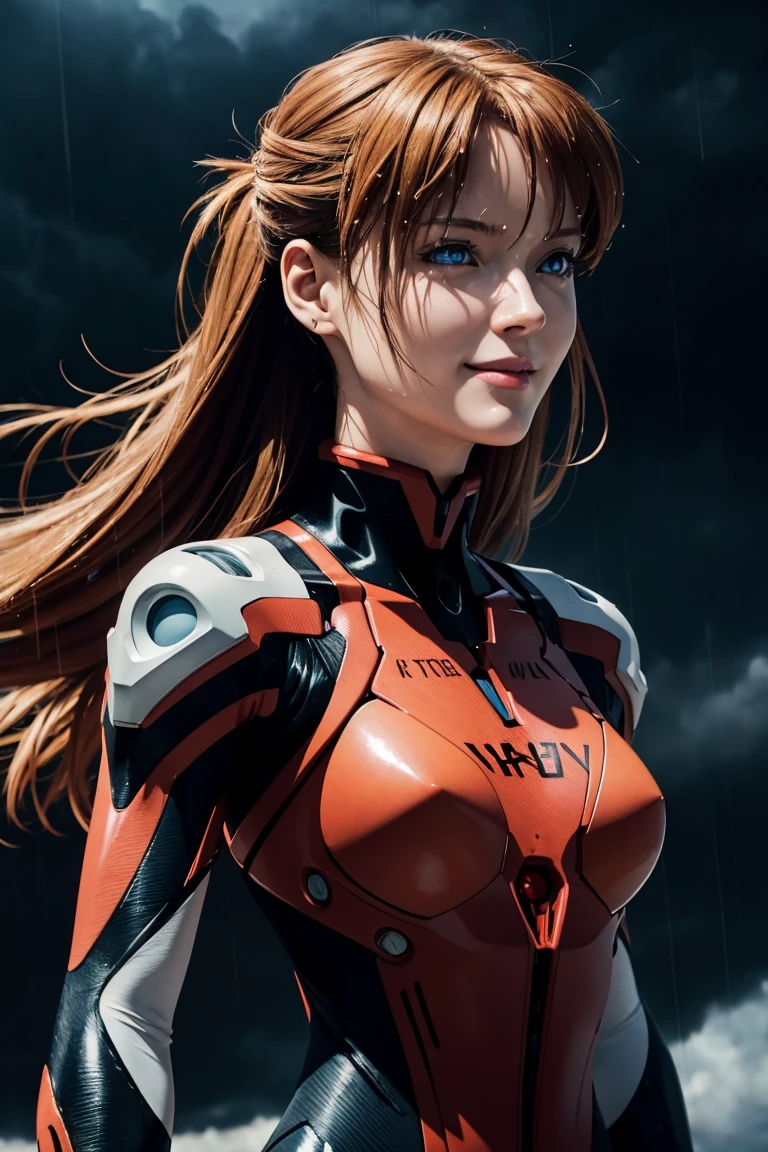 Evangelion,Asuka Langley,blue eyes,Plug Suit,Bodysuits,Interface Headset,赤いBodysuits,Ultra HD,super high quality,masterpiece,Digital SLR,Photorealistic,Detailed details,Vivid details,Depicted in detail,A detailed face,Detailed details,Super Detail,Realistic skin texture,Anatomical basis,Perfect Anatomy,Anatomically correct hand,Anatomically correct fingers,Complex 3D rendering,Sexy pose,Rainy Sky,Beautiful scenery,Fantastic rainy sky,Picturesque,Pink Lips,smile,