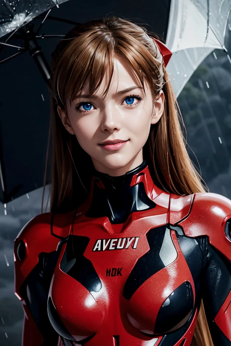 Evangelion,Asuka Langley,blue eyes,Plug Suit,Bodysuits,Interface Headset,赤いBodysuits,Ultra HD,super high quality,masterpiece,Digital SLR,Photorealistic,Detailed details,Vivid details,Depicted in detail,A detailed face,Detailed details,Super Detail,Realistic skin texture,Anatomical basis,Perfect Anatomy,Anatomically correct hand,Anatomically correct fingers,Complex 3D rendering,Sexy pose,Rainy Sky,Beautiful scenery,Fantastic rainy sky,Picturesque,Pink Lips,smile,