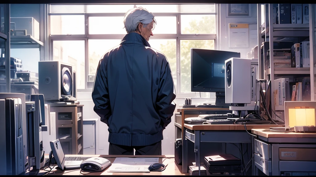 Mac computer graphic design 27 inch monitor graphic designer mouse Stylish Computer work, man in his 50s Don't show your face only the back