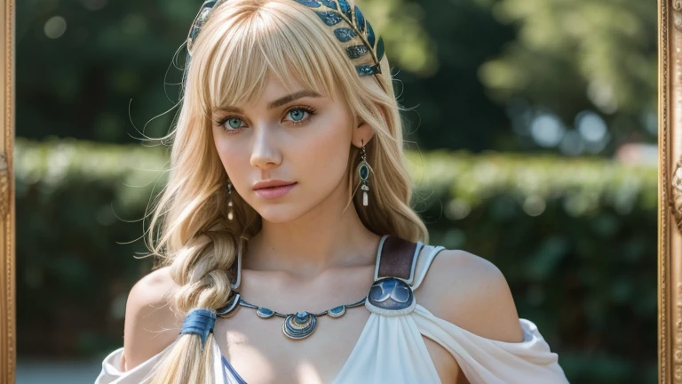 sophitia_whitedress_aiwaifu,
1 gorgeous blonde woman,
hair fringe,
hair bangs,
long blonde hair,
single braid,
large breasts,
thighhighs,
hair ornament,
lips,
shoulder armor,
hair ribbon,
low-tied long hair,
shoulder pads,
earrings,
black legwear,
bangs,
blue ribbon,
sleeveless,
corset,bracelet,
angel,
goddess,
skin pores texture,
cute,
(detailed face and eyes):1.2,
detailed eyes green,
remarkable eye color,
wrinkled skin,
sharp,
detailed and realistic portrait of a woman,
(freckles:0.5),
jewelry,
25 ans,
flirts with the camera,
sensual pose,
(European girl:1.2),
(Realistic hair:1.2),
(realistic eyes:1.2),
(Beauty face:1.3),
perfect body,
perfect hands,
perfect face,
perfect eyes,
Best quality,
ultra highres,
(realistic, photo-realistic:1.33),
(8k, RAW photo, best quality, masterpiece:1.2),
Kodak gold 200,
National Geographic style,
medium shot,
Photography,
movie,
cinematic,
Realistic,
natural lighting,
depth of field,
film grain,