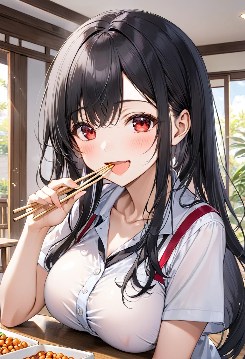 (eating style) (solo:2, 18 yo straight black hair long hair cool dominance girl, sexy red eyes, cute open mouth, use chopsticks, Eating natto in mouth, happy smile, big tits), (in a summer school blouse), break, in the livingroom, BREAK, perfect anatomy, masterpiece, best quality, 16k, beautiful detailed grow, daydreaming expression.
