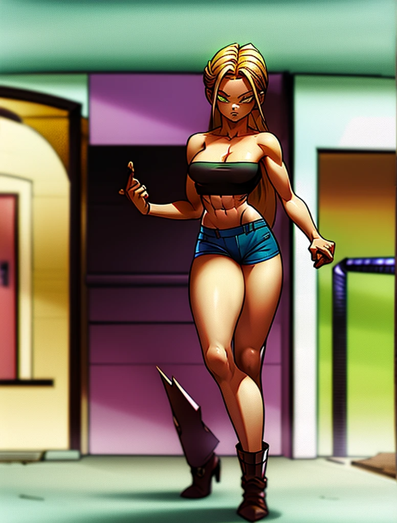 Sexy young girl with a good body, long hair blonde green eyes short white shirt bare shoulders, bright blue short jean shorts, short brown boots with white, standing, spiky hair, bristly hair, standing, fighting pose, on guard, defense pose