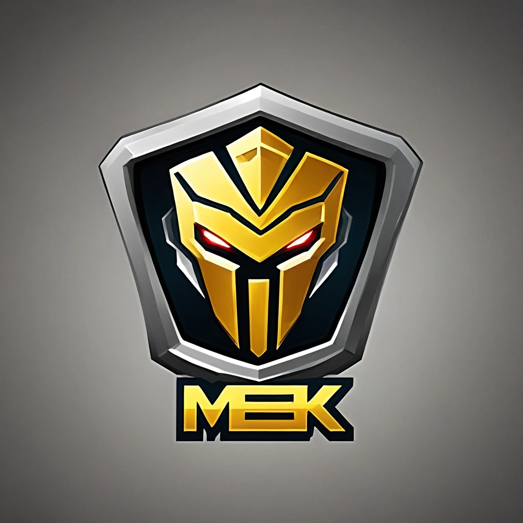 logomkrdsxl,an  edgy logo  3D with robô ,  vector, text "MEK",  best quality, masterpiece, brand, dark background, vermelho, ciano, prata, dourado