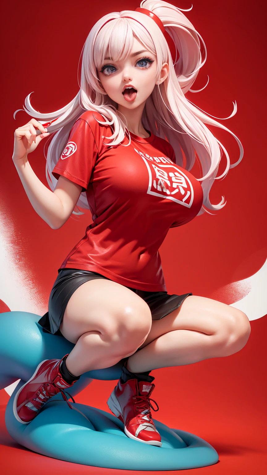((full_body))、Woman、red_background、big_breasts、Detailed、T-shirt、POP、vivid、pose、(out_tongue)、underboob