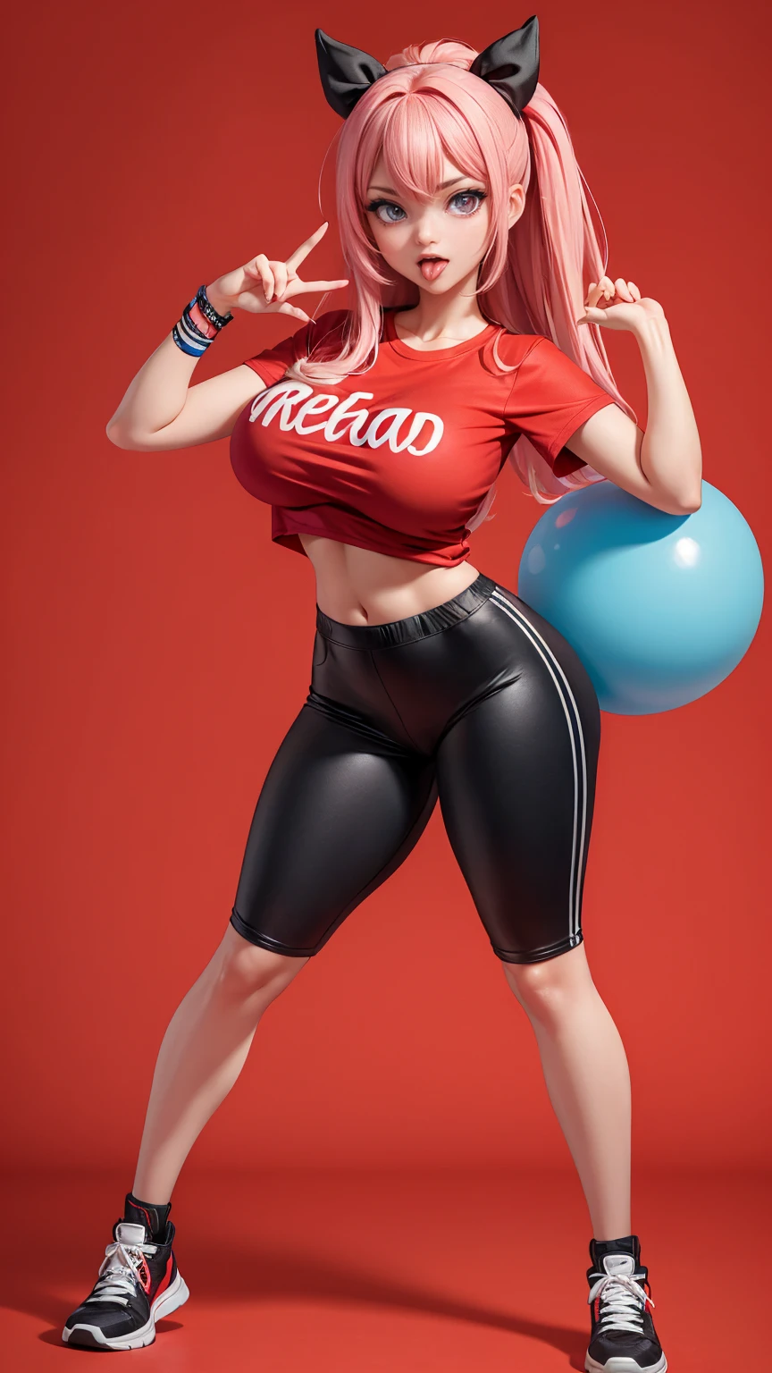 ((full_body))、Woman、red_background、big_breasts、Detailed、T-shirt、POP、vivid、pose、(out_tongue)、underboob
