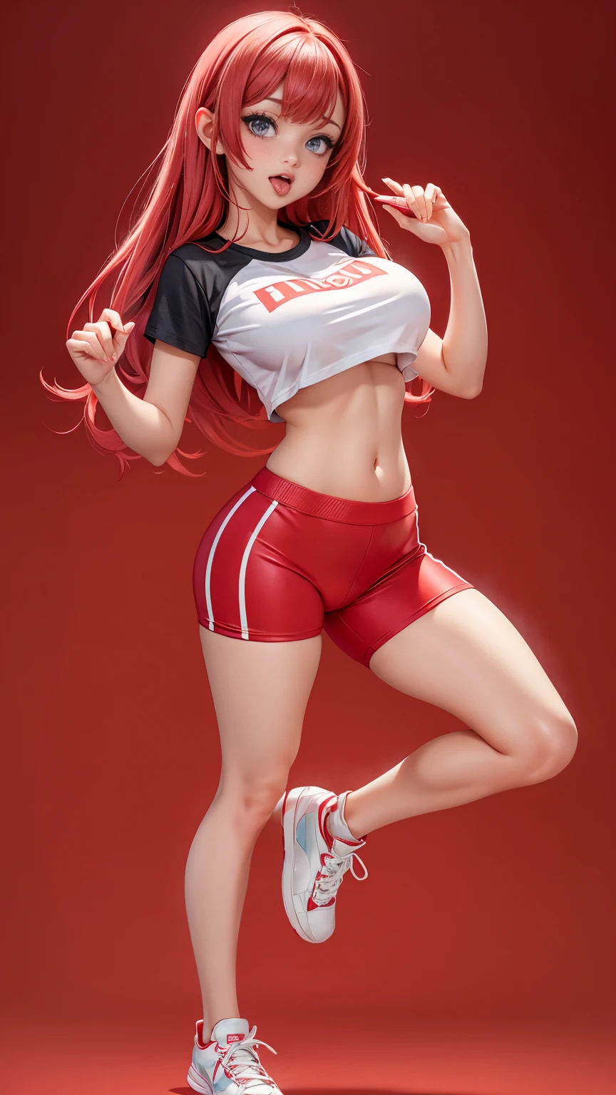 ((full_body))、Woman、red_background、big_、Detailed、T-shirt、POP、vivid、pose、(out_tongue)、underboob