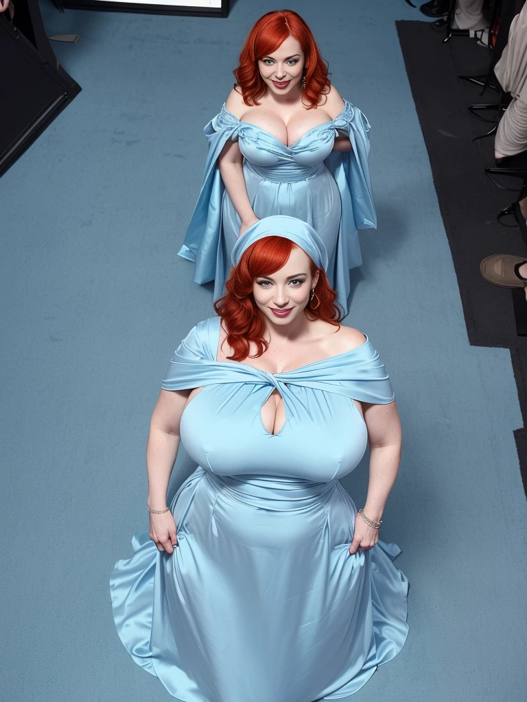 (from above:1.5) looking up at the camera, photorealistic, (minigirl:1.5) (thicc:1.3) (Christina Hendricks:1.3) (standing at a movie premiere:1.5) wearing a (light blue silky gown:1.3) and (holding an oversized gigantic designer bag:1.5), (enormous breasts:1.5), high heels, (detailed smiling face:1.2), nsfw,