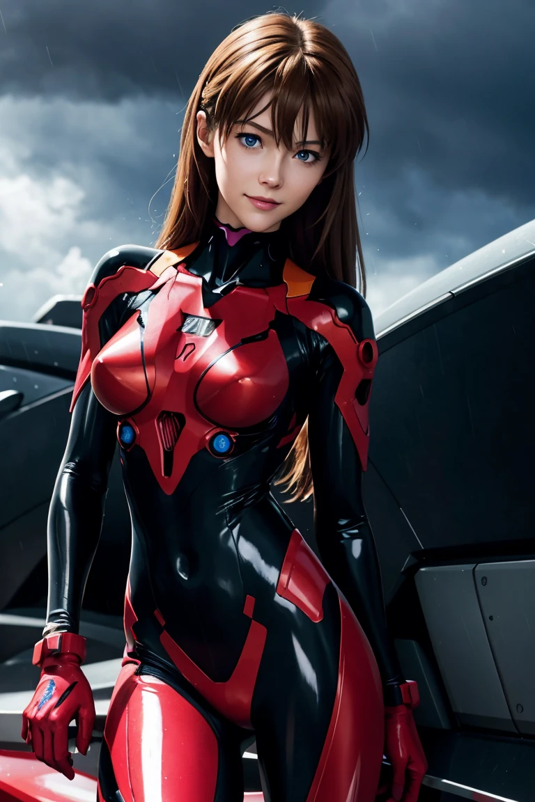 Evangelion,Asuka Langley,blue eyes,Plug Suit,Bodysuits,Interface Headset,赤いBodysuits,Ultra HD,super high quality,masterpiece,Digital SLR,Photorealistic,Detailed details,Vivid details,Depicted in detail,A detailed face,Detailed details,Super Detail,Realistic skin texture,Anatomical basis,Perfect Anatomy,Anatomically correct hand,Anatomically correct fingers,Complex 3D rendering,Sexy pose,Rainy Sky,Beautiful scenery,Fantastic rainy sky,Picturesque,Pink Lips,smile,