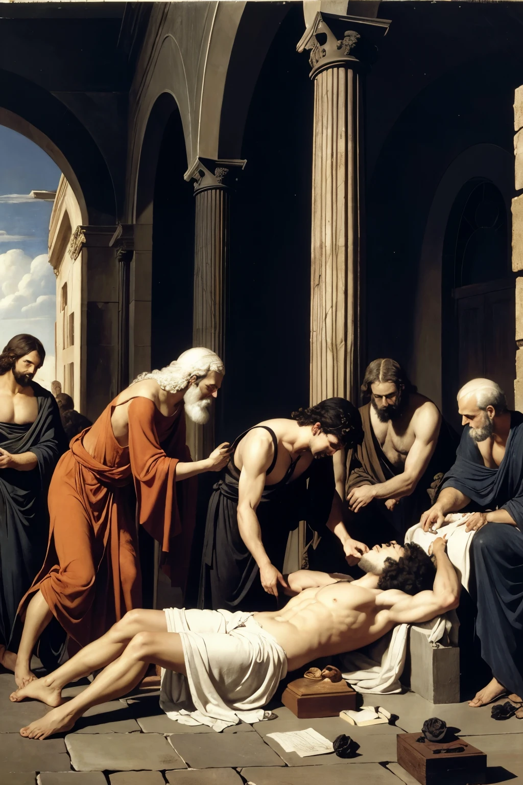 create a painting about the death of Socrates. the disciples next to the dead body. black roses. and the eagle of zeus