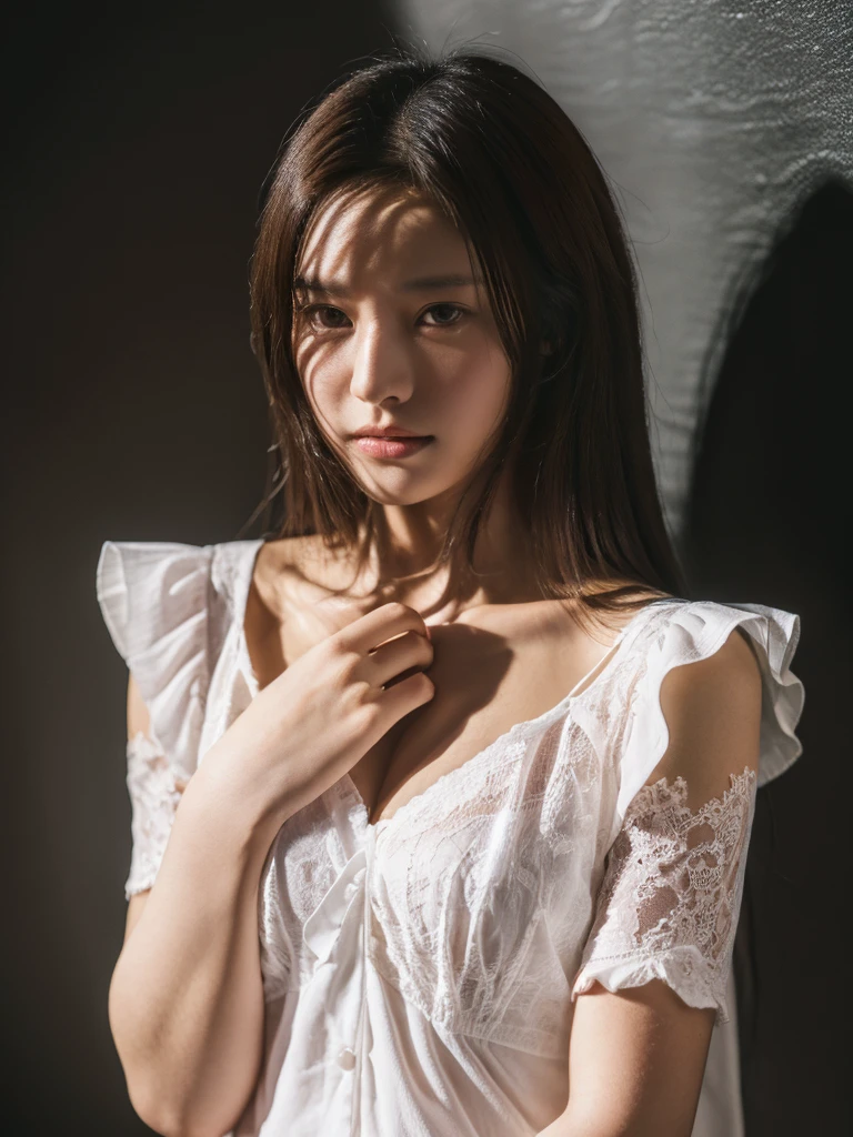 ((Highest quality, 8K, masterpiece :1.3)), Sharp focus :1.2, Beautiful woman with perfect figure :1.4, 1 Girl,Slim Abs :1.2, ((Dark brown hair,chest :1.2)), (White long formal shirt)(Unbutton your shirt.), Gray background:1.2, Highly detailed face and skin texture, fine grain, double eyelid,Beautiful Hands，Five Fingers,Fashion model posing,Full body portrait,Cowboy Shot,jeans,Cast a Shadow,