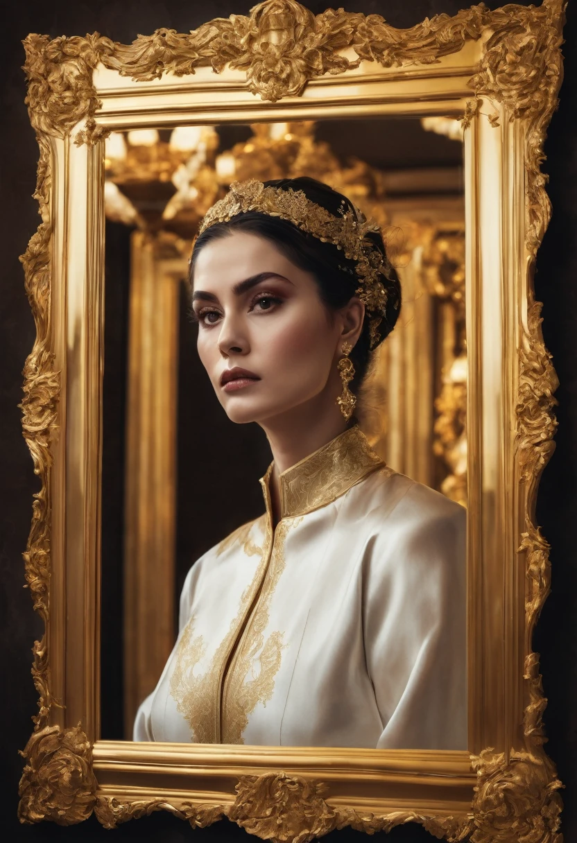 A mirror with a beautiful frame, shining like gold and in its reflection a woman with vengeful expressions. 