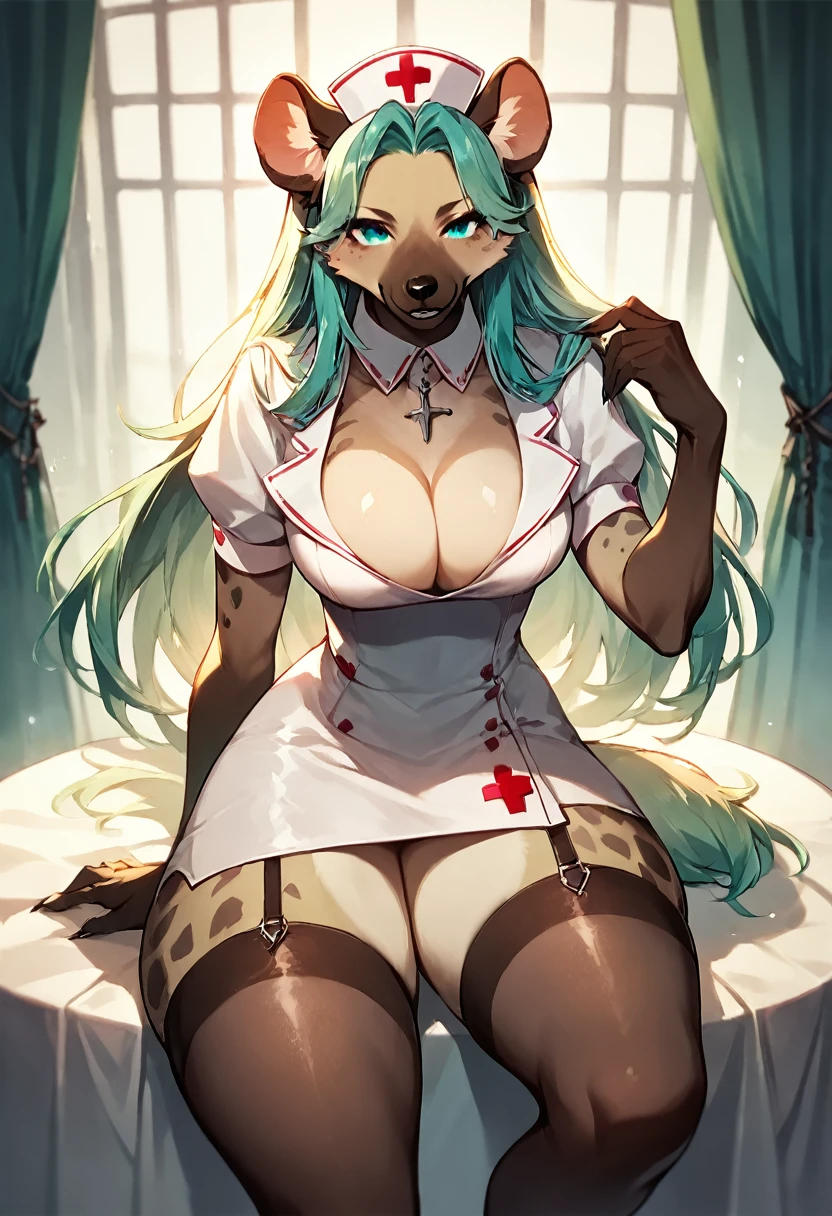 score_9, score_8_up, score_7_up, score_6_up, score_5_up, score_4_up, (solo), female anthro hyena, sexy nurse dress, lusty, fluffy body, long blond hair, turquoise eyes, (thick thighs:1.5)((( offering the breasts))) sex partial clothes, (((cleavage))) semi-butonned uniform niform, (barely_visible_booba) (she is sitting) , giant breasts, garter belt tights