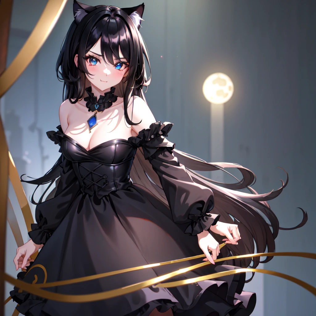 1boy, 8k, best quality, good quality, masterpiece, (stunning black long hair:1.2), heterochromia, (dark blue right eye:1.3), (red left eye: 1.3), (dark theme:1.3), (dark atmosphere:1.3), wild hair, glowing eyes, cat ears, energy wolf in background, high resolution, Anime ((boy)) with black hair and dark blue eyes stares at camera, Glowing dark blue eyes, slim, dressed in a sexy black outfit, Shadow Body, monochromes, hair messy, Aggressive smile, transparent pantyhose, round butt, pout, pouting, puffy cheeks,
BREAK dress, jewelry, necklace, white dress, bare shoulders, collarbone,
BREAK outdoors, forest, nature, night, night sky, starry sky, moon,
BREAK looking at viewer, (cowboy shot:1.5),
BREAK (masterpiece:1.2), best quality, high resolution, unity 8k wallpaper, (illustration:0.8), (beautiful detailed eyes:1.6), extremely detailed face, perfect lighting, extremely detailed CG, (perfect hands, perfect anatomy),