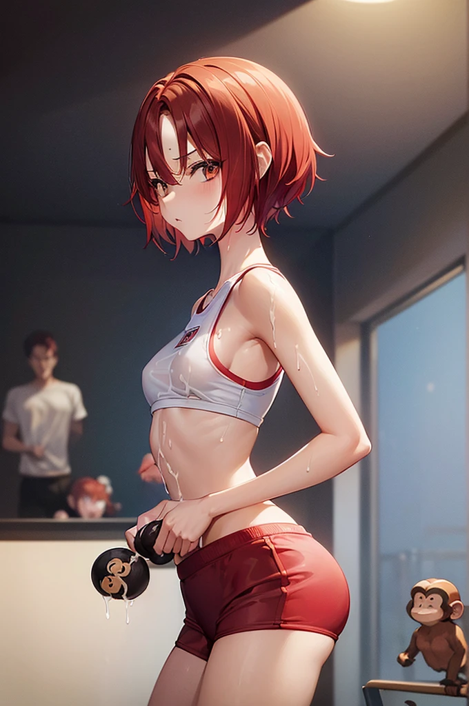 masterpiece, best quality,anime style, 1 girl,(((slender body))), (((small breast))),(((gym uniform))),(((3 monkey grabbing the gir))),((((cum)))), (beautiful face), (((short hair))), (((straight hair))), ((((red hair)))),detailed beautiful skin, (perfect hands, perfect anatomy)