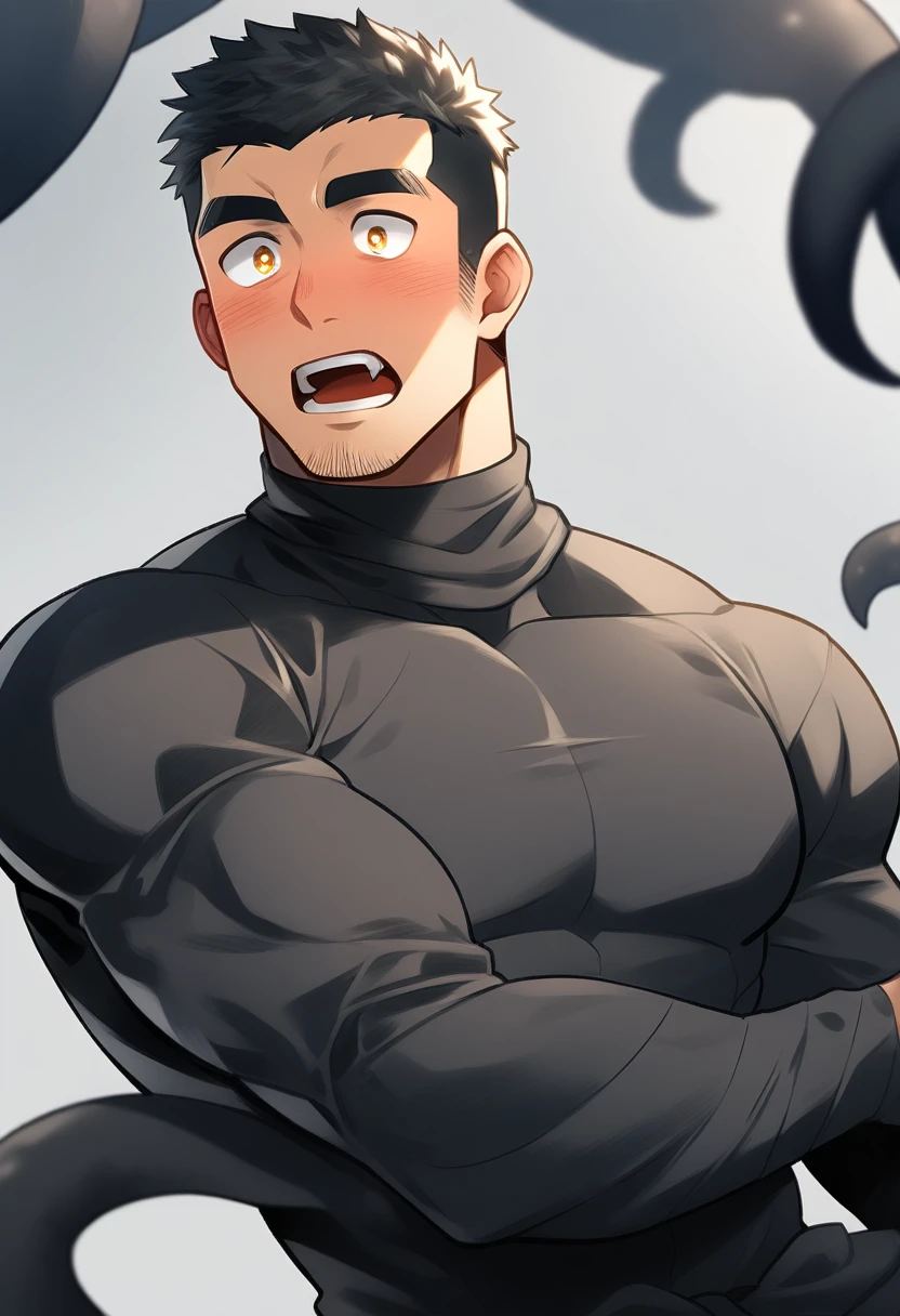 anime characters：Superhero in tights, negro black skin, He was entangled by a large number of thick black tentacles, Very stout, Lots of mucus, Wrap around the neck, Wrap around the waist, Tightly tied, Manliness, male focus, Yellow and black high collar long sleeve tight T-shirt, Slightly transparent material, Very tight, Round, full and perky chest muscles, Male dog waist, Slightly transparent, muscular male, muscular, only, Upper body, alone, Black short hair, Thick eyebrows, stubble, Yellow eyes, Grey background, simple background, amazing quality, best aesthetics, Ridiculous, bright pupils, crew cut, parted lips, blush, open mouth, scared, drop shadow, best quality