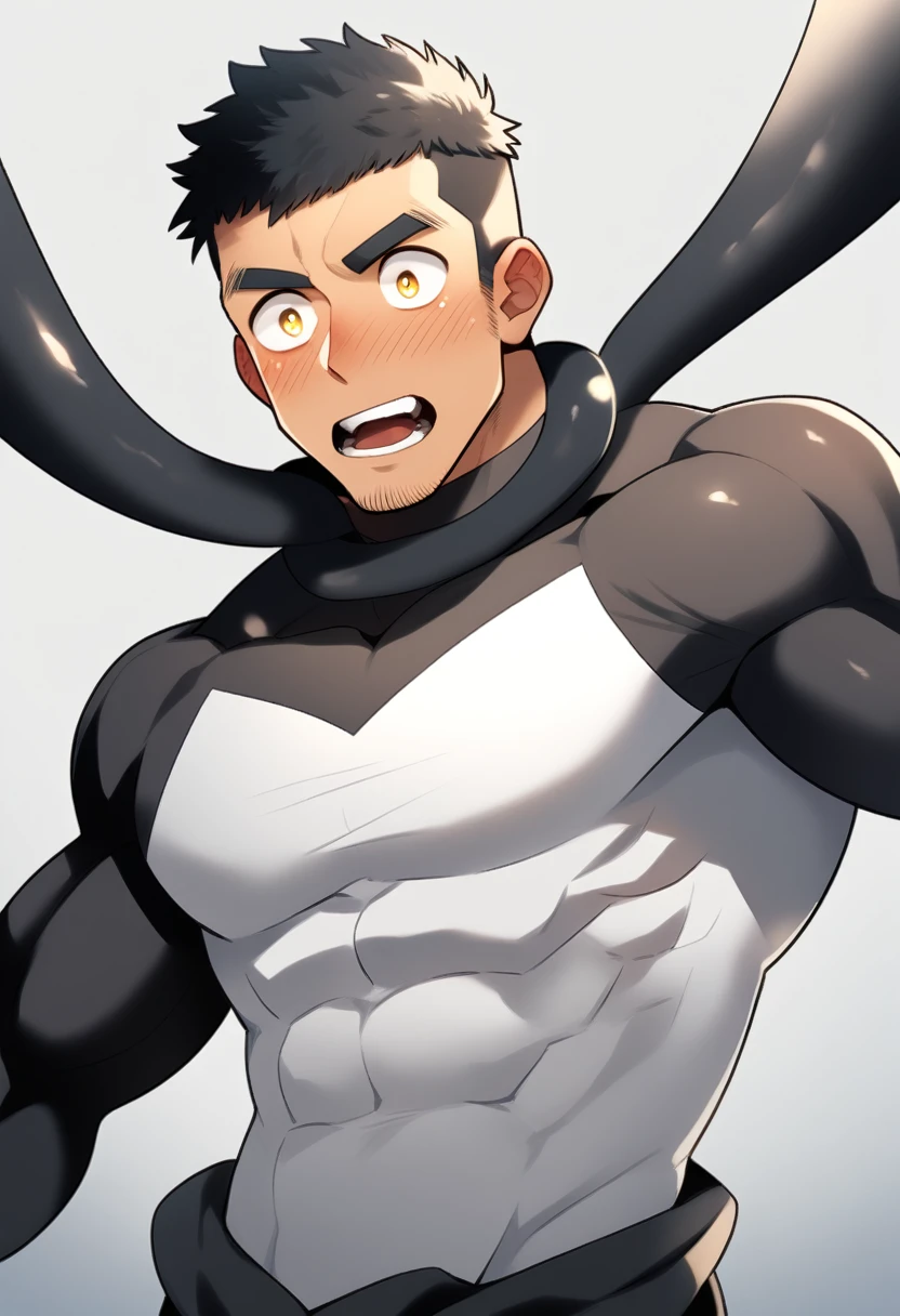 anime characters：Superhero in tights, negro black skin, He was entangled by a large number of thick black tentacles, Very stout, Lots of mucus, Wrap around the neck, Wrap around the waist, Tightly tied, Manliness, male focus, Yellow and black high collar long sleeve tight T-shirt, Slightly transparent material, Very tight, Round, full and perky chest muscles, Male dog waist, Slightly transparent, muscular male, muscular, only, Upper body, alone, Black short hair, Thick eyebrows, stubble, Yellow eyes, Grey background, simple background, amazing quality, best aesthetics, Ridiculous, bright pupils, crew cut, parted lips, blush, open mouth, scared, drop shadow, best quality