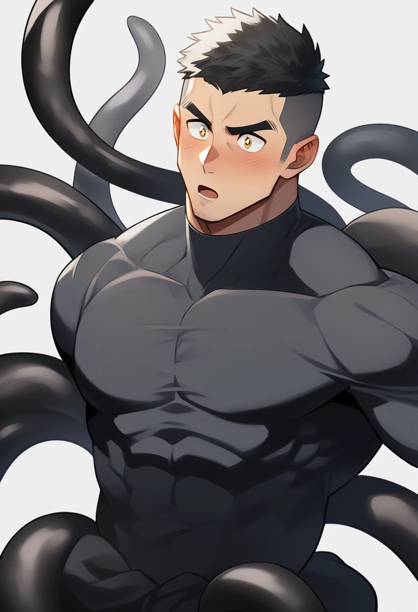 anime characters：Superhero in tights, negro black skin, He was entangled by a large number of thick black tentacles, Very stout, Lots of mucus, Wrap around the neck, Wrap around the waist, Tightly tied, Manliness, male focus, Yellow and black high collar long sleeve tight T-shirt, Slightly transparent material, Very tight, Round, full and perky chest muscles, Male dog waist, Slightly transparent, muscular male, muscular, only, Upper body, alone, Black short hair, Thick eyebrows, stubble, Yellow eyes, Grey background, simple background, amazing quality, best aesthetics, Ridiculous, bright pupils, crew cut, parted lips, blush, open mouth, scared, drop shadow, best quality