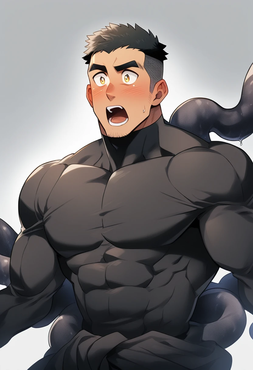 anime characters：Superhero in tights, negro black skin, He was entangled by a large number of thick black tentacles, Very stout, Lots of mucus, Wrap around the neck, Wrap around the waist, Tightly tied, Manliness, male focus, Yellow and black high collar long sleeve tight T-shirt, Slightly transparent material, Very tight, Round, full and perky chest muscles, Male dog waist, Slightly transparent, muscular male, muscular, only, Upper body, alone, Black short hair, Thick eyebrows, stubble, Yellow eyes, Grey background, simple background, amazing quality, best aesthetics, Ridiculous, bright pupils, crew cut, parted lips, blush, open mouth, scared, drop shadow, best quality