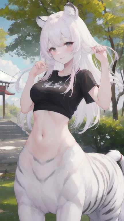 (best quality, masterpiece), 1 girl, centaur, It takes, White skin, Korean ,daughter,black pink,Smiling, exposing the abdomen, belly button t-shirt , 아름다운 소녀 Perfect wild white tiger photo, Perfect wild white tiger photo